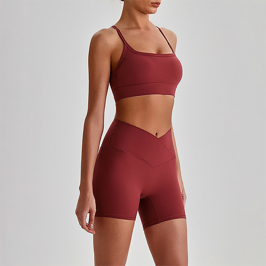 Wholesale Brushed Naked-Feel Open-Back Sports Bra & High-Waist Shorts Set – Sculpting Yoga 2-Piece
