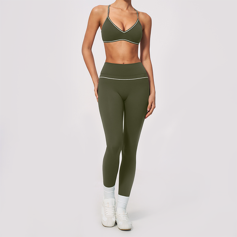 Wholesale Women's Brushed Yoga Set: V-Neck Bra & Leggings – Colorblock Tummy Control