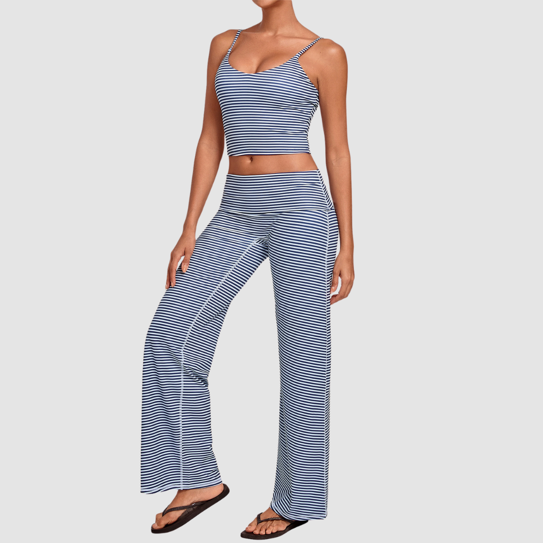 Wholesale Women's Activewear Retro Print Fold-Over Waist Top & Straight-Leg Pants Set