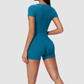 Wholesale Seam-Detail Cropped Short-Sleeve Top & High-Waist Biker Shorts Set – Brushed Yoga 2-Piece