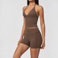 Wholesale Women's Halter Neck Yoga Set – Deep V-Neck Bra & High-Waist Shorts