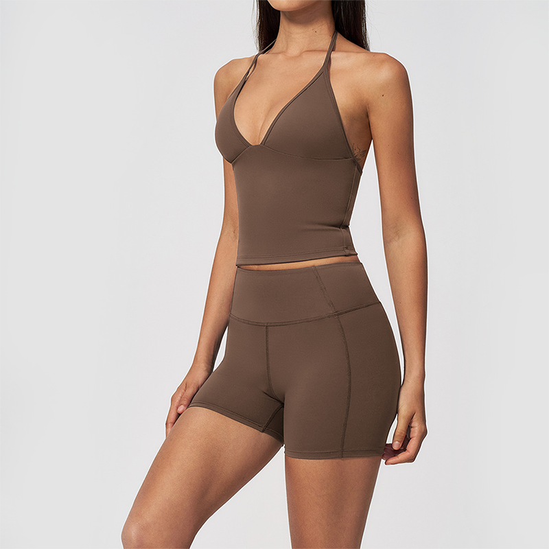Wholesale Women's Halter Neck Yoga Set – Deep V-Neck Bra & High-Waist Shorts