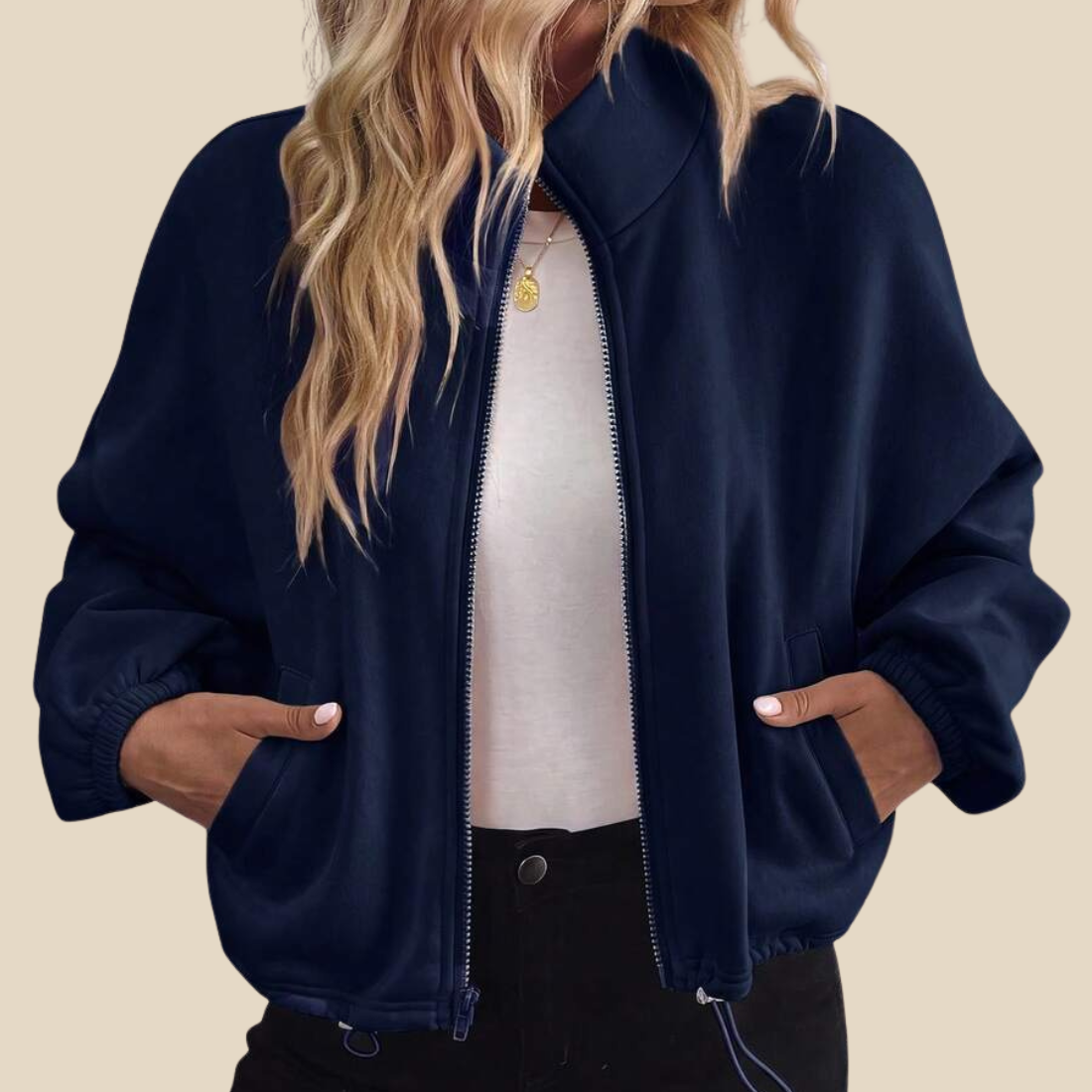 [Women's Casual Activewear] Fleece-Lined Stand-Collar Zip Jacket