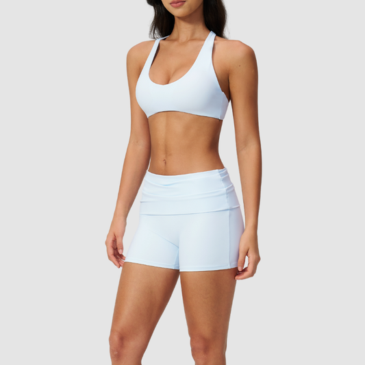 Wholesale Cross Trap Sports Bra + Fold-Up Waistband Shorts 2-Piece Set