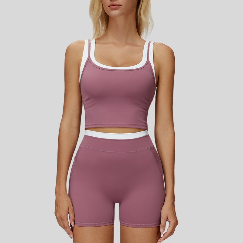 Two-piece contrasting sports tank top+sports shorts 2-piece set