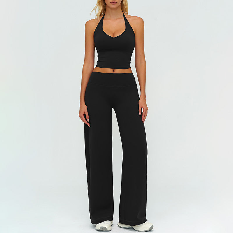 V-neck backless tank top + high-waisted loose wide-leg pants 2-piece set
