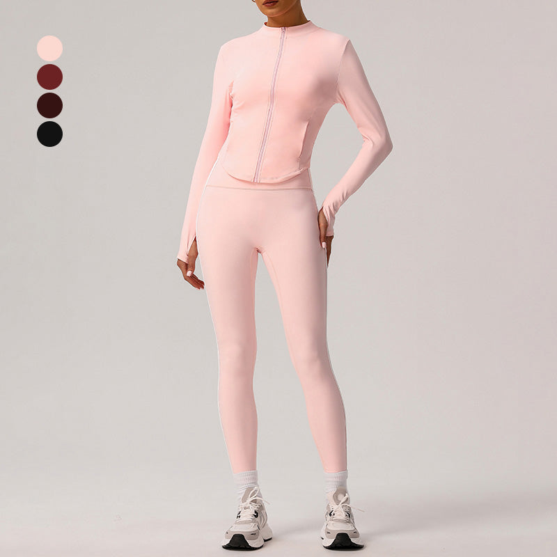 Stand-Collar Cropped Jacket + High-Waisted Color-Blocked Leggings 2-Piece Set