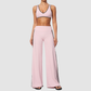 Nude-feel deep V bra + high waist + high-waisted color-blocked pants 2-piece set