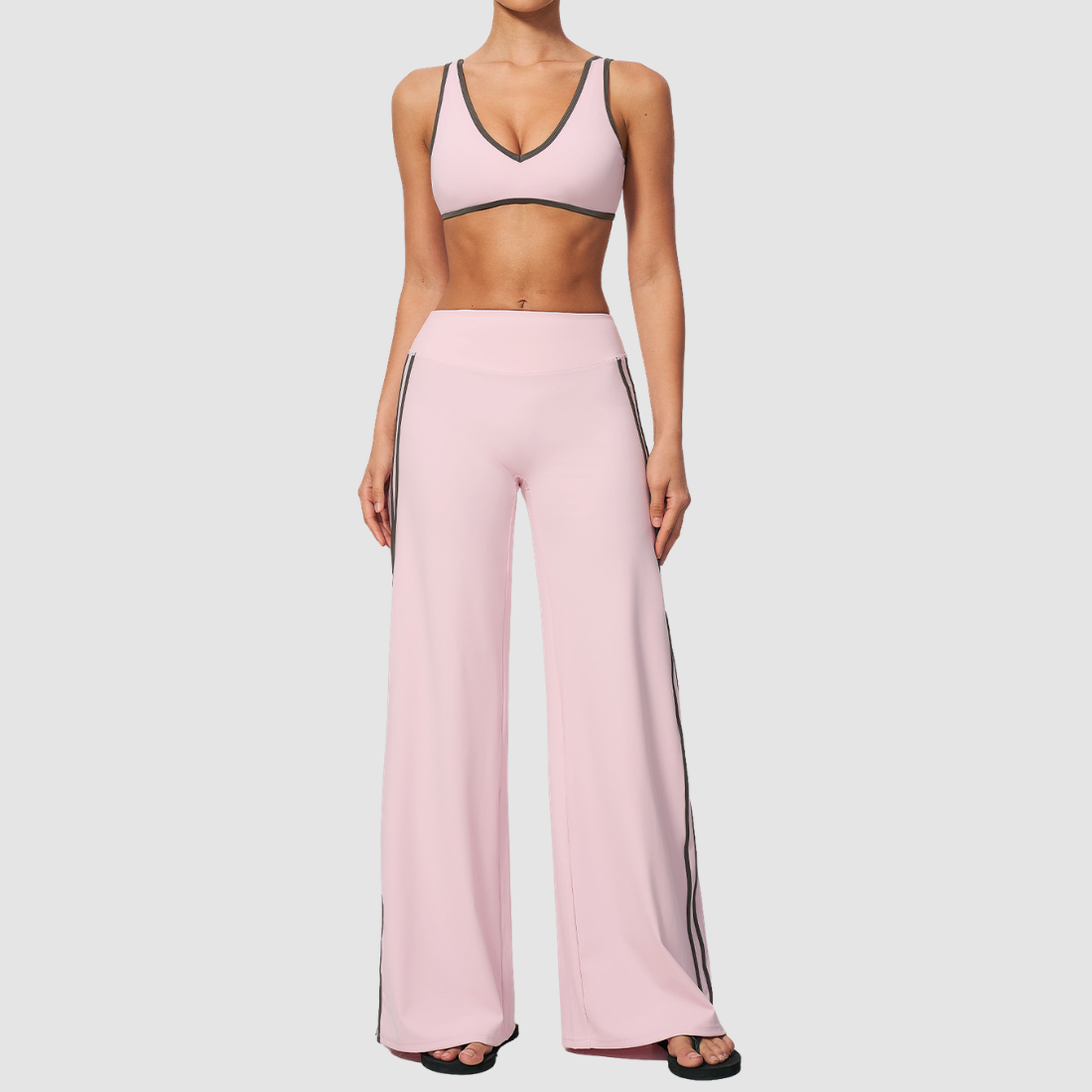 Nude-feel deep V bra + high waist + high-waisted color-blocked pants 2-piece set