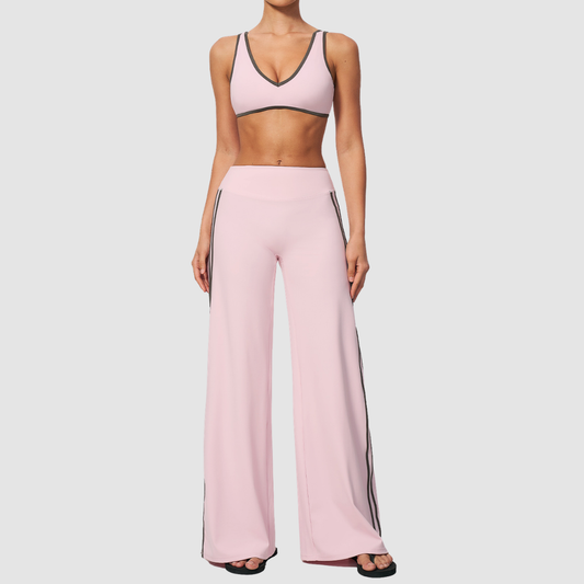 Nude-feel deep V bra + high waist + high-waisted color-blocked pants 2-piece set