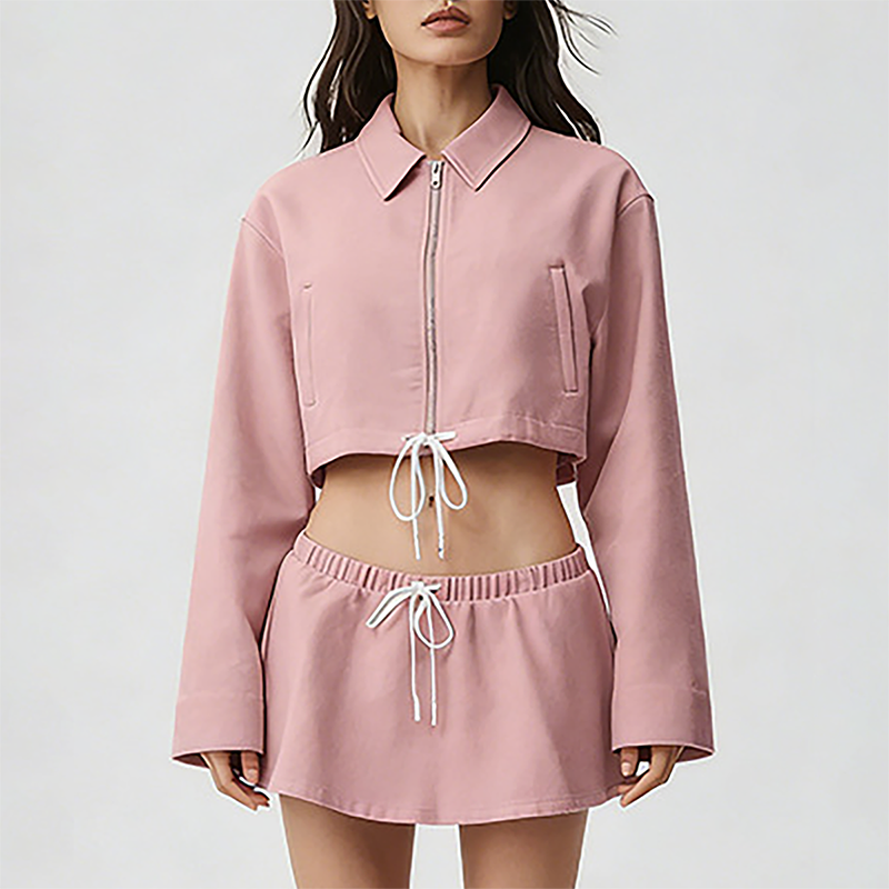 Wholesale Cotton-Blend Drawstring Zip Jacket & Mini Skirt Set – 2-Piece Casual Sports Matching Set