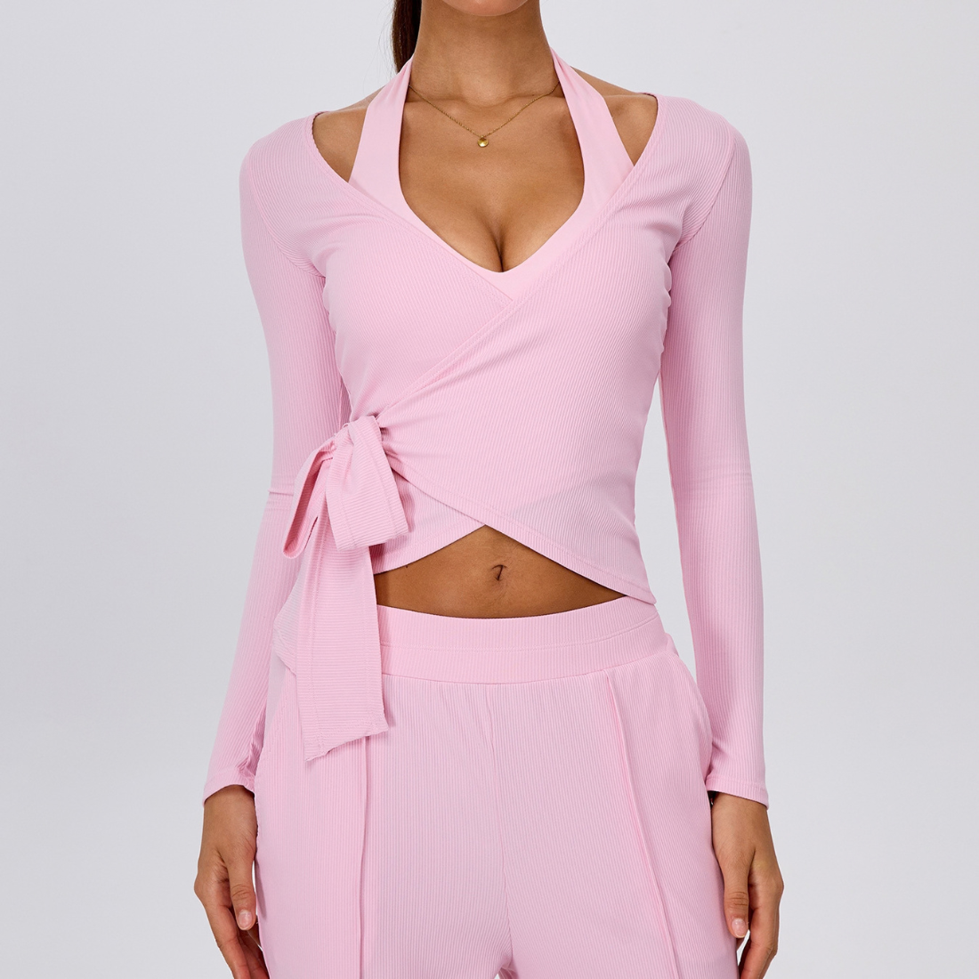 Wholesale Women's Ribbed V-Neck Tie-Front Long-Sleeve Yoga Cardigan