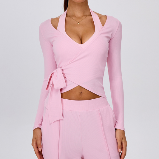 Wholesale Women's Ribbed V-Neck Tie-Front Long-Sleeve Yoga Cardigan