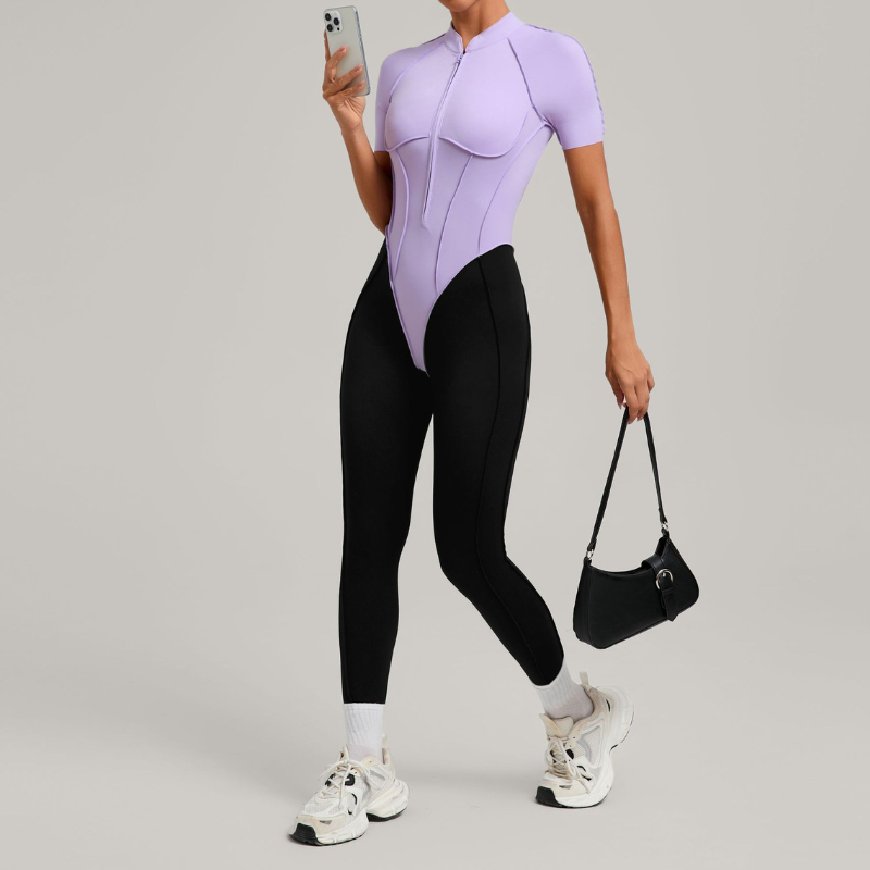 Color matching backless half zipper bodysuit