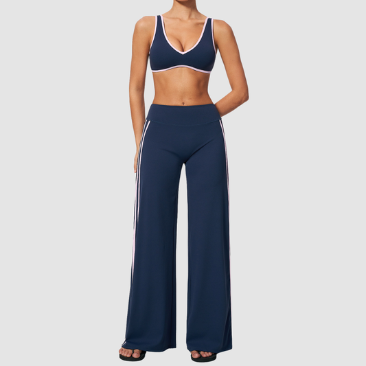 Nude-feel deep V bra + high waist + high-waisted color-blocked pants 2-piece set