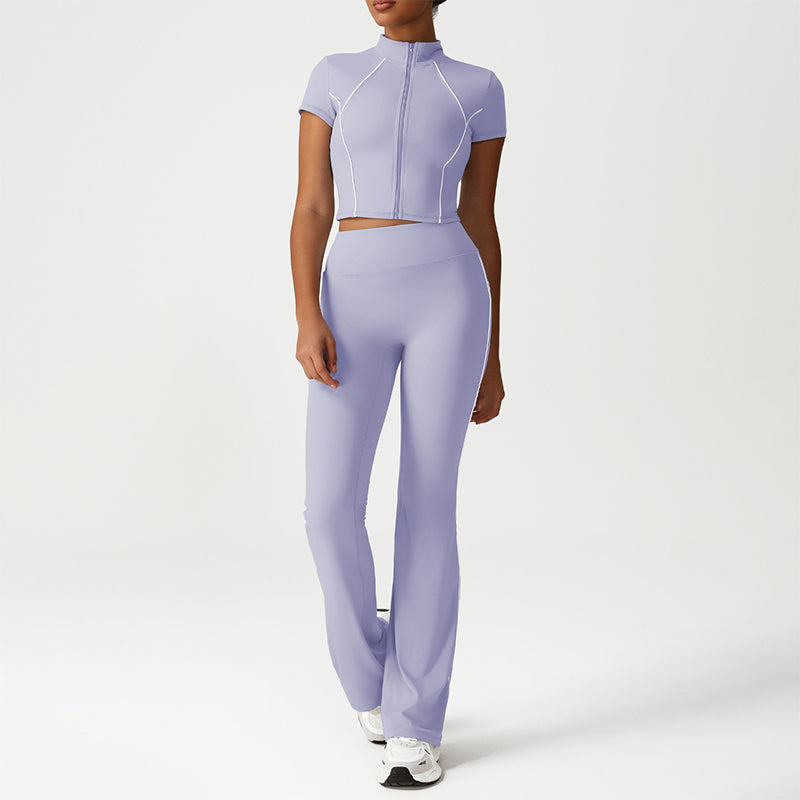 Stand-Collar Cropped Jacket + Butt-Lifting Flared Pants 2-Piece Set