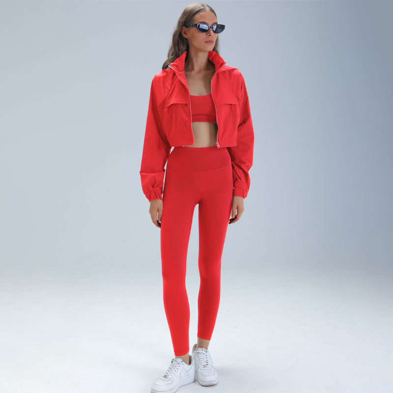 3-Piece Zip-Front Yoga Set with Hooded Jacket