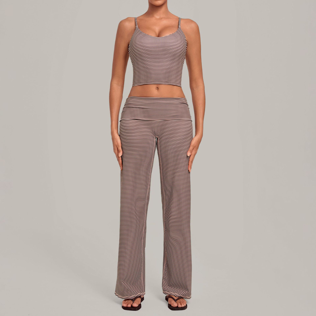 Wholesale Women's Activewear Retro Print Fold-Over Waist Top & Straight-Leg Pants Set