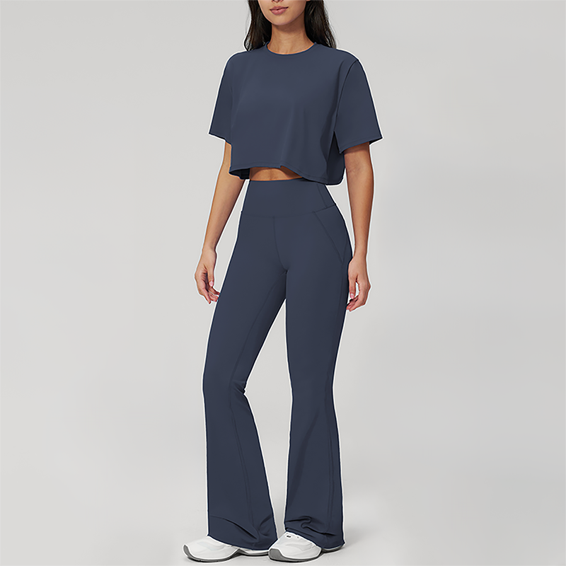 Wholesale round neck short sleeved top+flared pants 2-piece set
