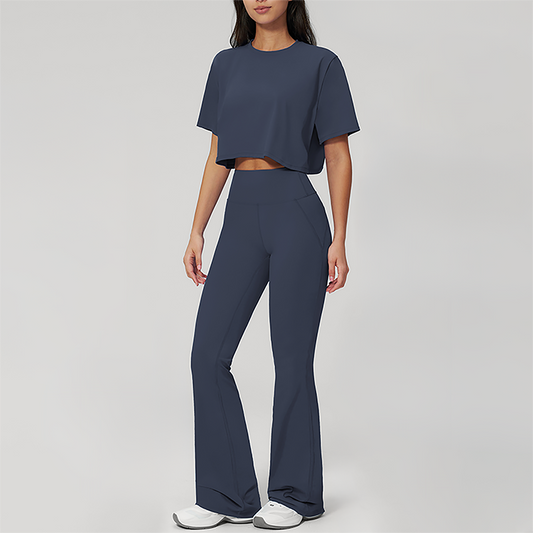 Wholesale round neck short sleeved top+flared pants 2-piece set
