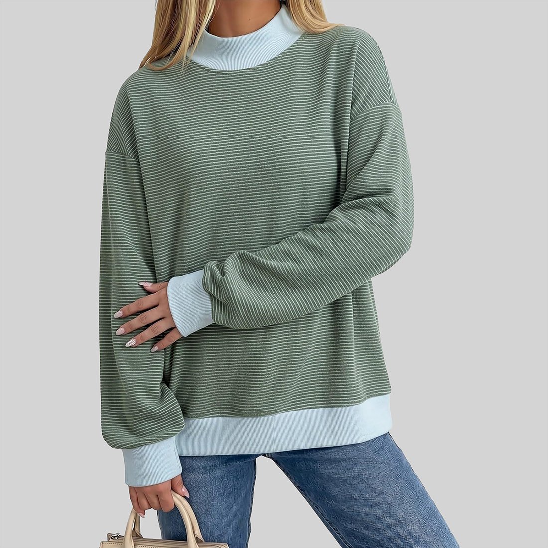 Wholesale Brushed Striped Long Sleeve Pullover – Loose Contrast Color Top