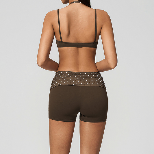 Wholesale Women's Polka Dot & Stripe Yoga Set Halter Neck Sports Bra & Shorts w/ Chest Pad