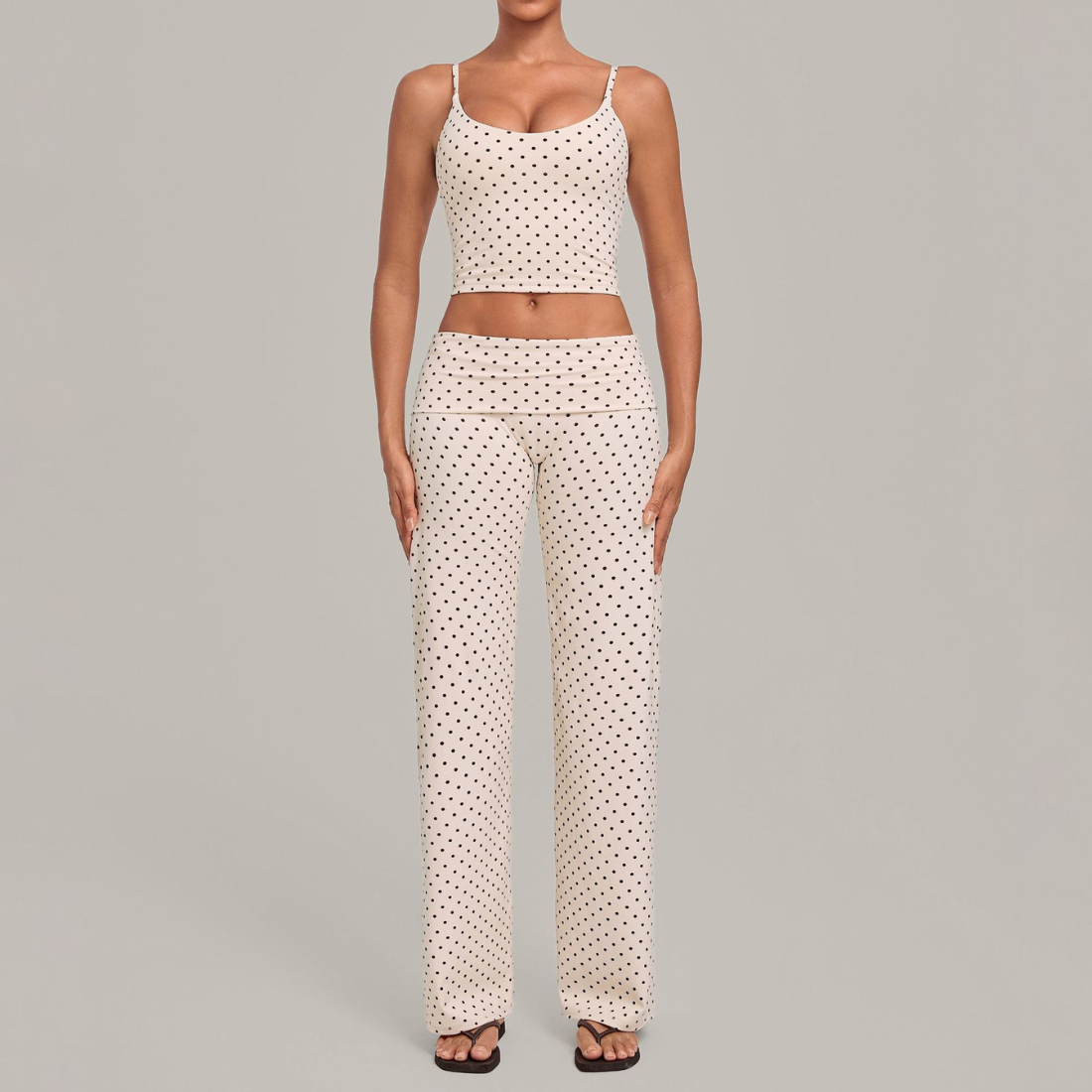Wholesale Women's Activewear Retro Print Fold-Over Waist Top & Straight-Leg Pants Set