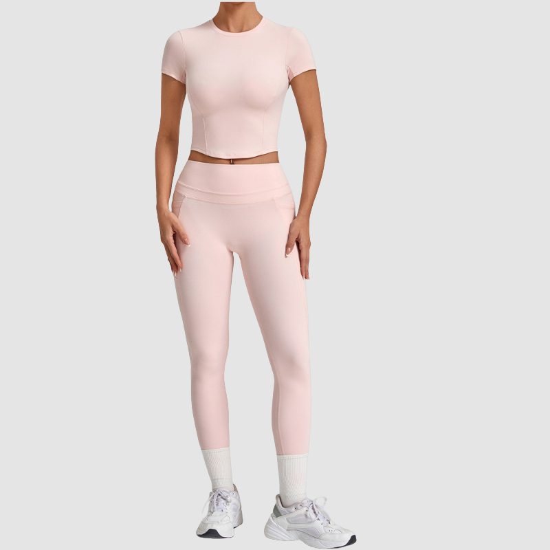 Wholesale Women's Naked-Feel Short Sleeve Top + High-Waist Leggings Set – Peach Lift Yoga Fitness Activewear