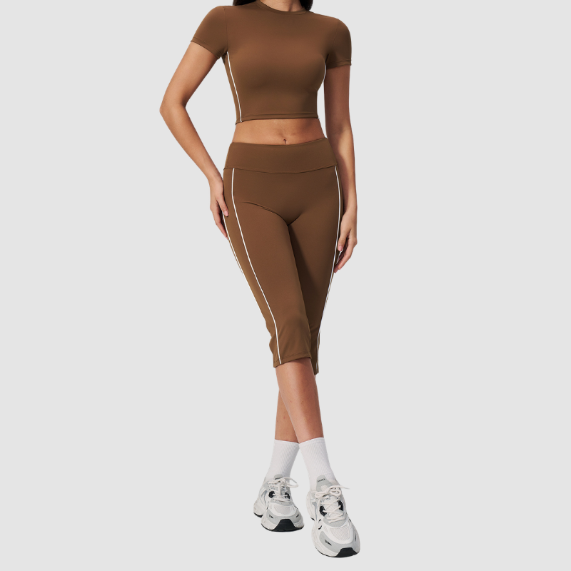 Wholesale Women's Brushed Contrast Piping Short Sleeve Crop Top & Button-Up Cropped Pants Set