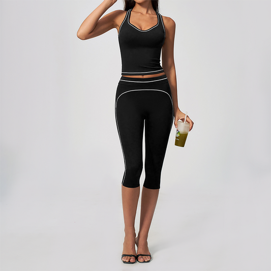Wholesale Women's Colorblock Brushed Yoga Set: Halter V-Neck Top & Capri Pants