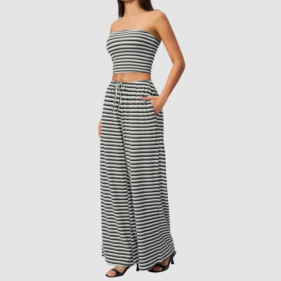 Wholesale Women's Stripe Tank Top & High-Waist Tummy Control Wide-Leg Pants