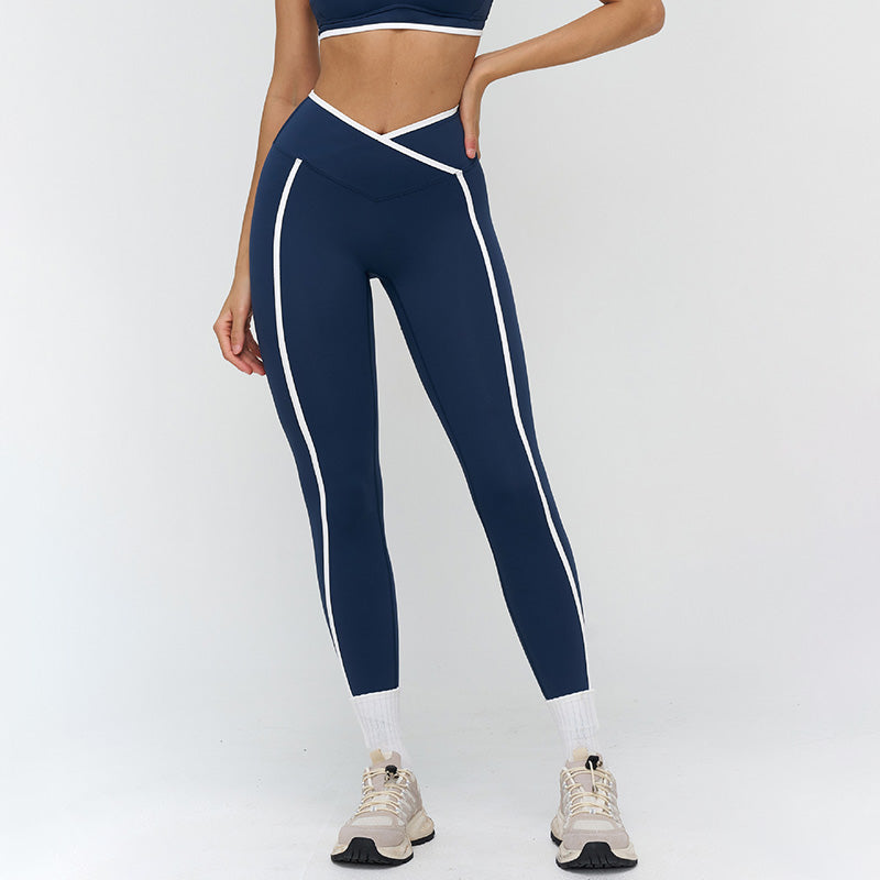 Women's contrasting color cross-waist leggings