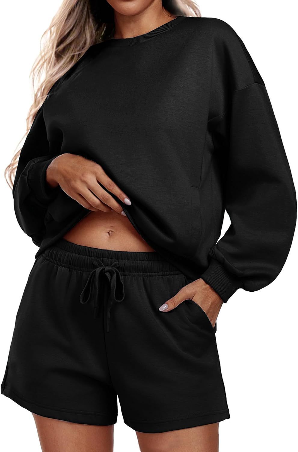 Round neck loose casual sweatshirt+Loose-fitting athletic shorts 2-piece set