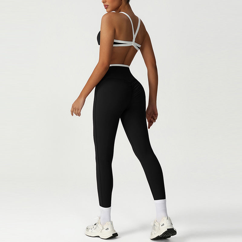 Cross-Back Color-Blocked Bra + High-Waisted Butt-Lifting Leggings 2-Piece Set