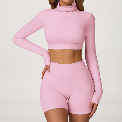 High-Neck Cropped Long Sleeve + Butt-Lifting Shorts 2-Piece Set