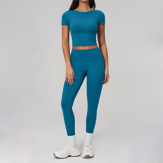 Wholesale Seam-Detail Cropped T-Shirt & High-Waist Leggings Set – Brushed Yoga 2-Piece