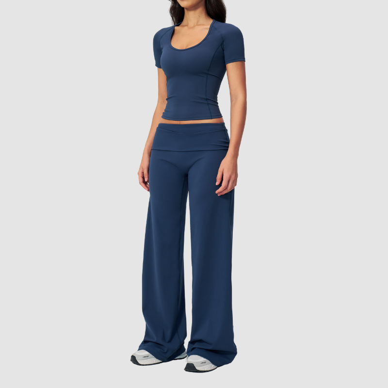 Wholesale Seam-Detail Cropped T-Shirt & Folding waist Flare Leggings Set