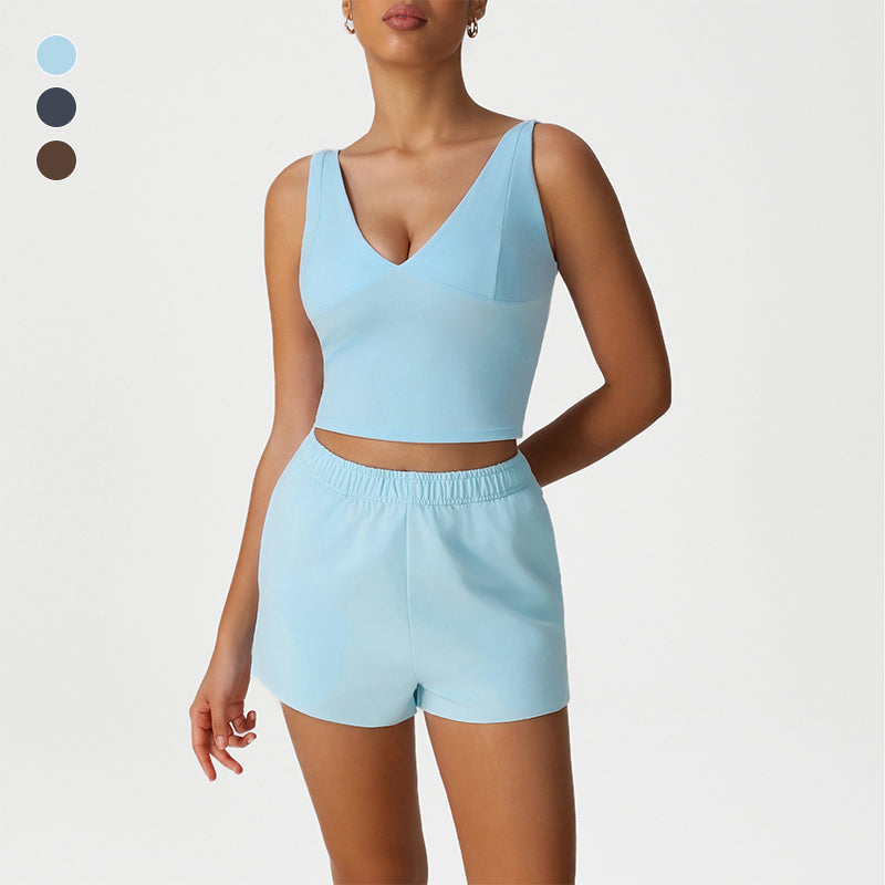 V-Neck Crop Top + Loose Sports Shorts 2-Piece Set