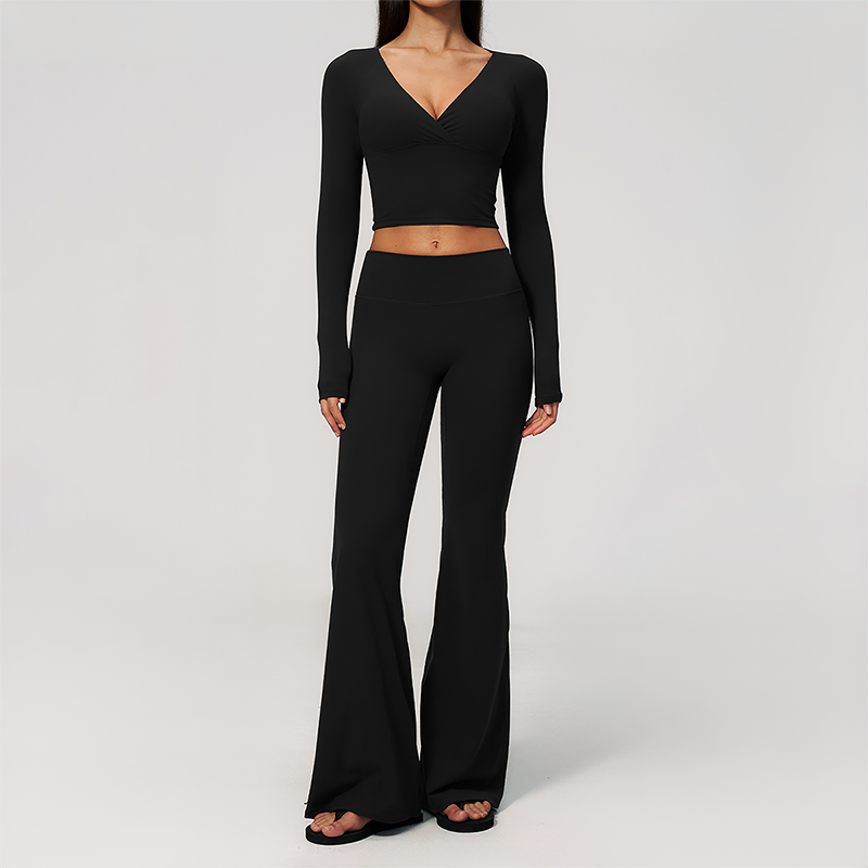 Wholesale Women's Cream-Feel Fleece Long Sleeve Top & High waisted flared Pants Set