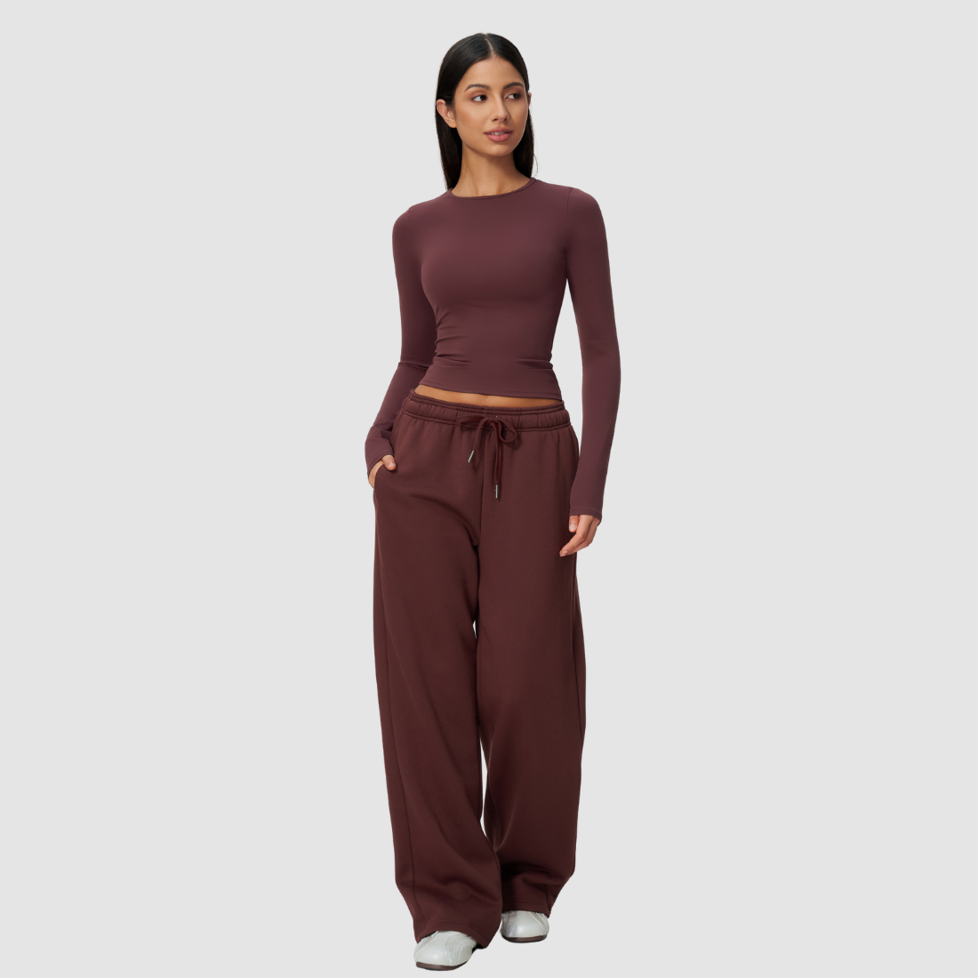 Wholesale Women's Nylon Spandex Activewear Set - Long Sleeve Tops & Wide-leg Pants