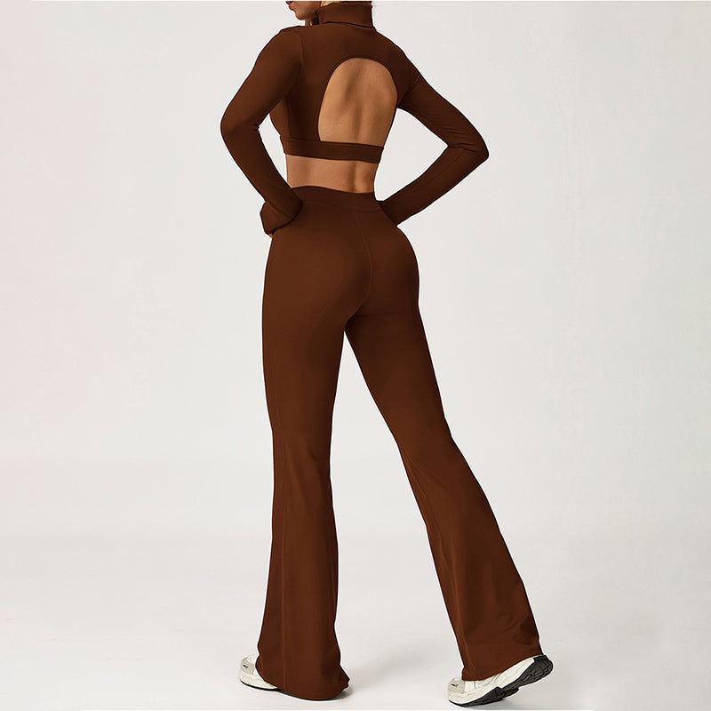 High-Neck Cropped Long Sleeve + Flared Leg Pants 2-Piece Set