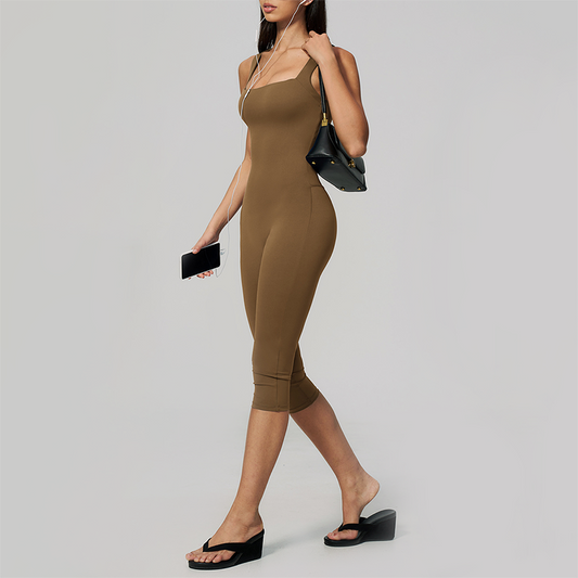 Wholesale Women's Bare-Feel Square Neck Yoga Jumpsuit with Chest Pad & Capri Shorts