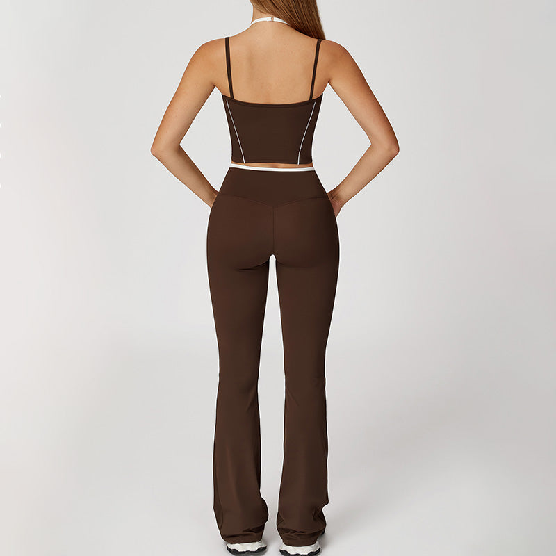 Fake two-piece halter tank top + High-waisted flared leg pants Set