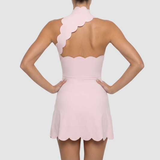 Wholesale Scallop-Hem Halter Tennis Dress with Built-In Safety Shorts – Naked-Feel Athletic Dress