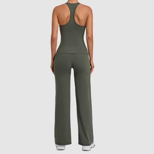 Wholesale Women's Racerback Yoga Set – Double-Layer Chest Pad Cross Waist Flare Pants
