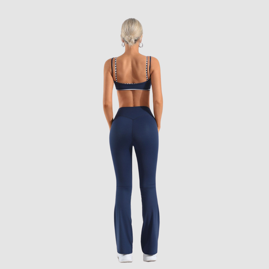 Wholesale Women's Naked-Feel Contrast Grid Sports Bra & Flared Yoga Pants