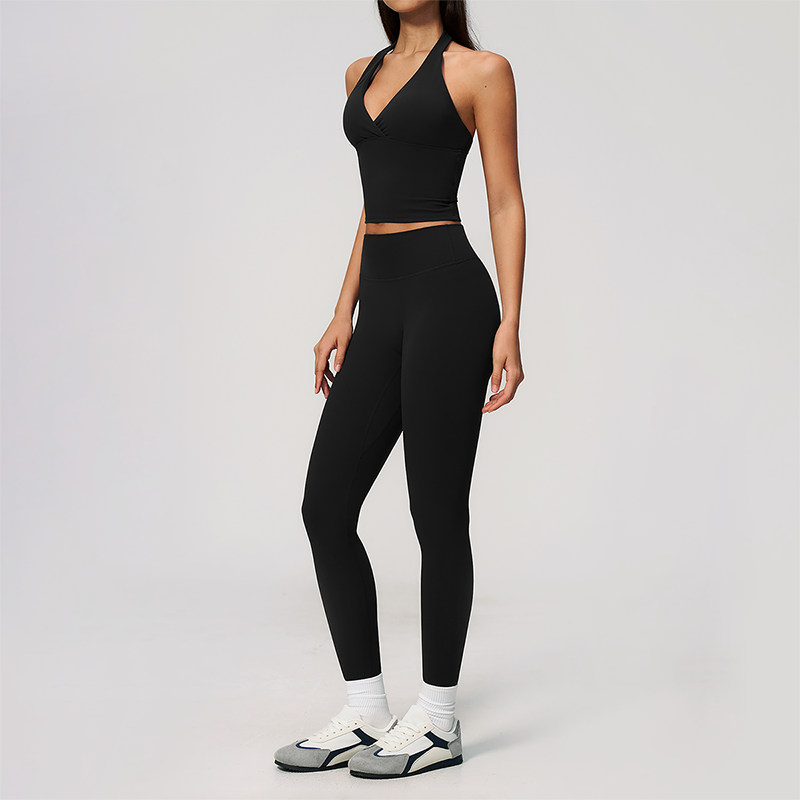 Wholesale Women's Cream-Feel Fleece Deep-V Halter Neck Tank Top & Leggings Set