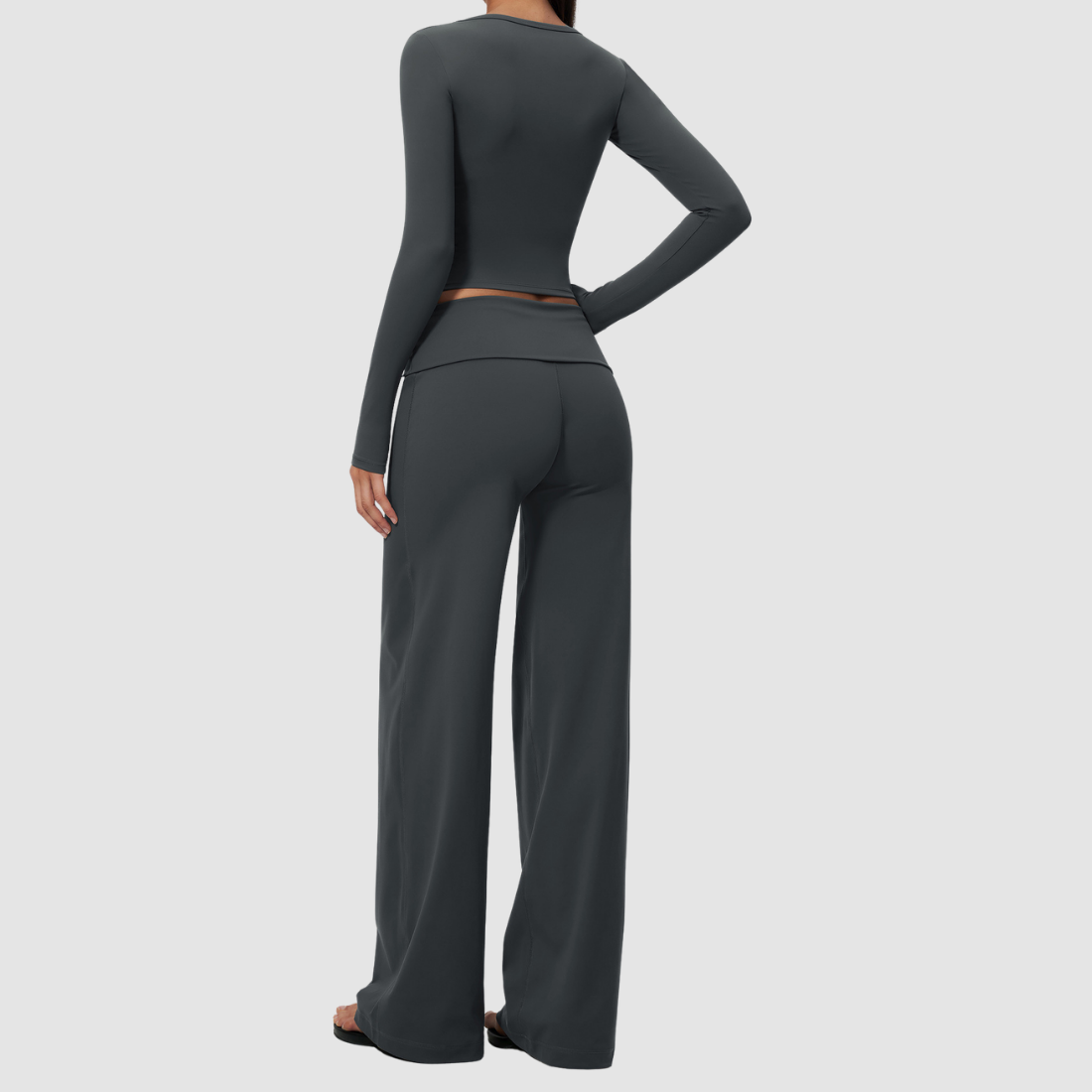 Wholesale Women's Brushed Yoga Set: Long-Sleeve Crop Top & Wide-Leg Pants