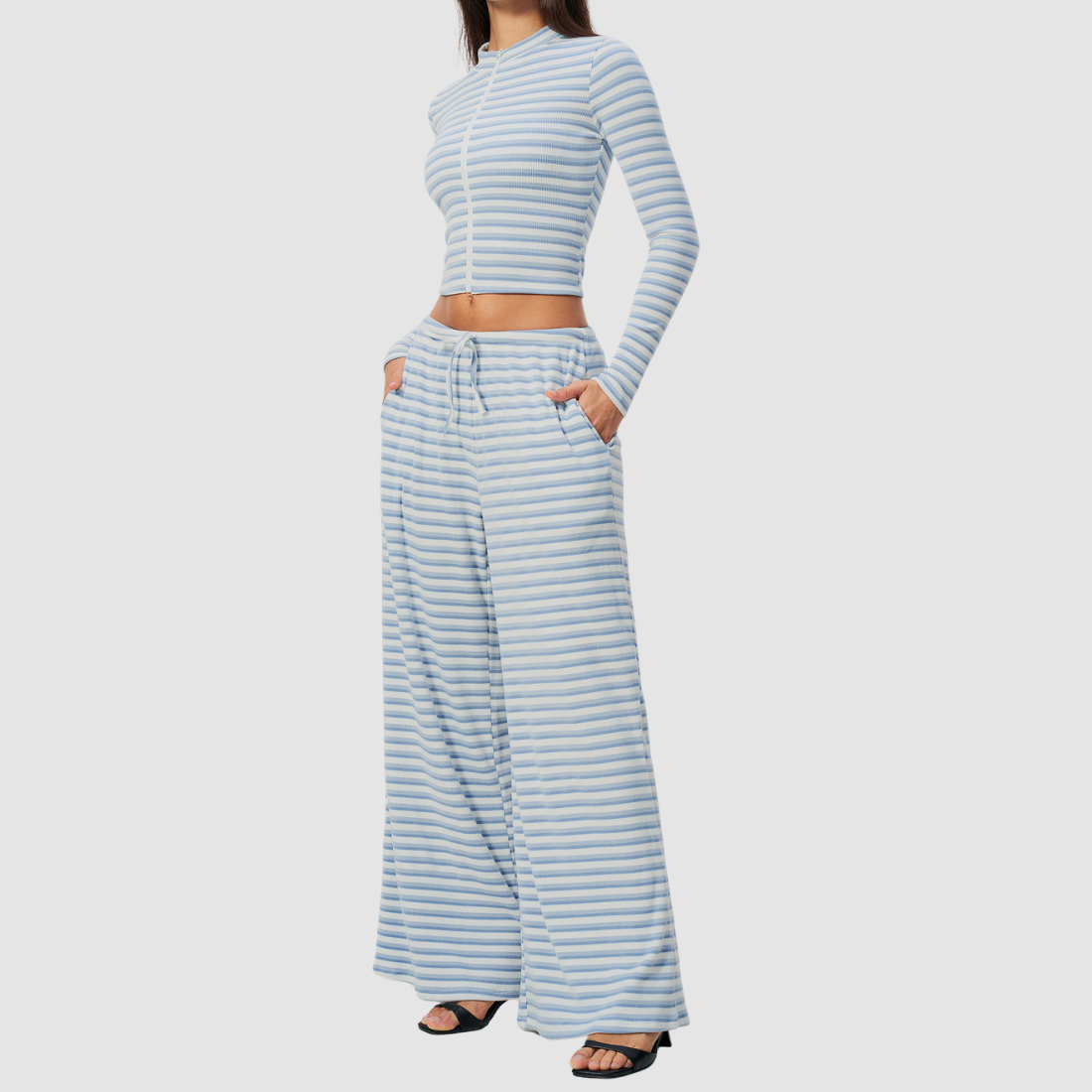 Wholesale Women's Stripe Yoga Set: Zip Stand-Collar Jacket & Wide-Leg Pants