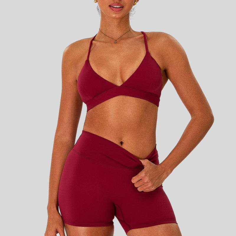 Strap bra + high-waisted shorts 2-piece set